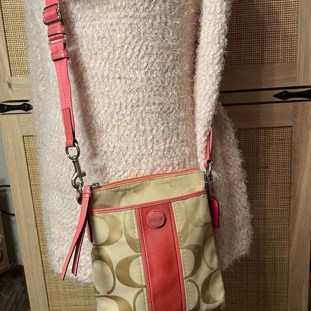 Coach Signature Canvas Crossbody with Coral Trim